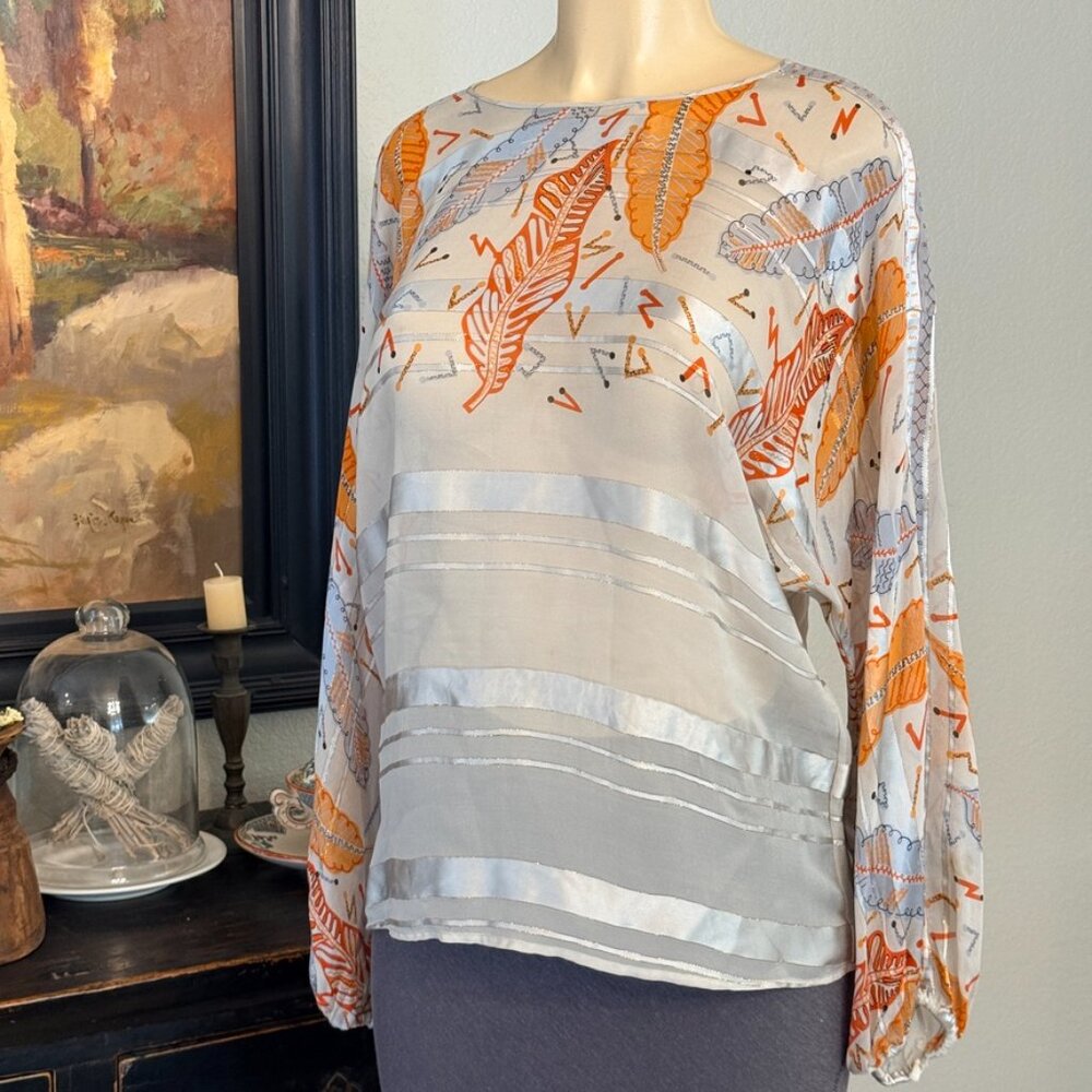Zandra Rhodes LONDON long sleeve high neckline hip length sheer SILK BLOUSE